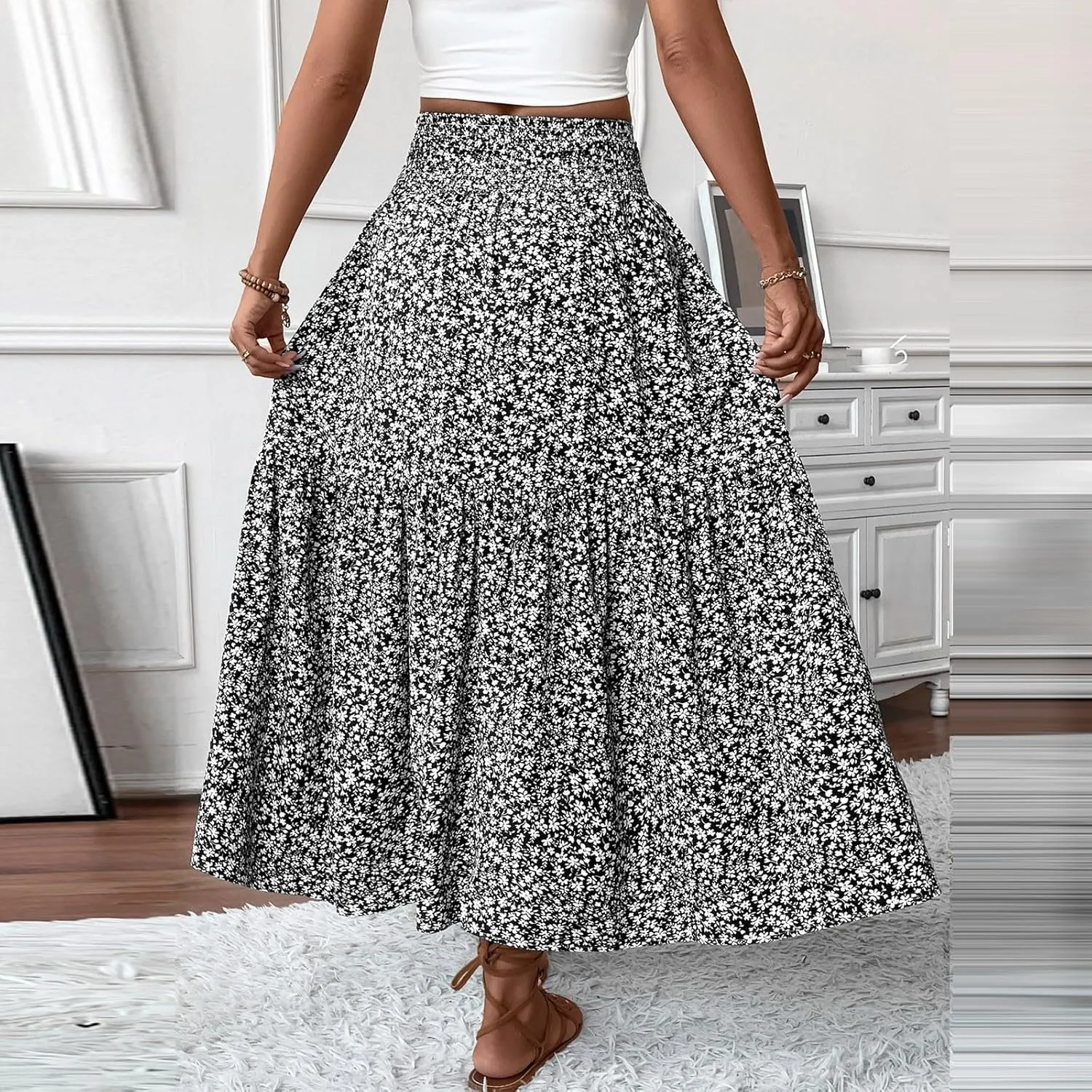 Women's Floral Midi Skirt with Pockets High Elastic Waist Flowy Ruffle Casual Summer Boho Aline Skirts