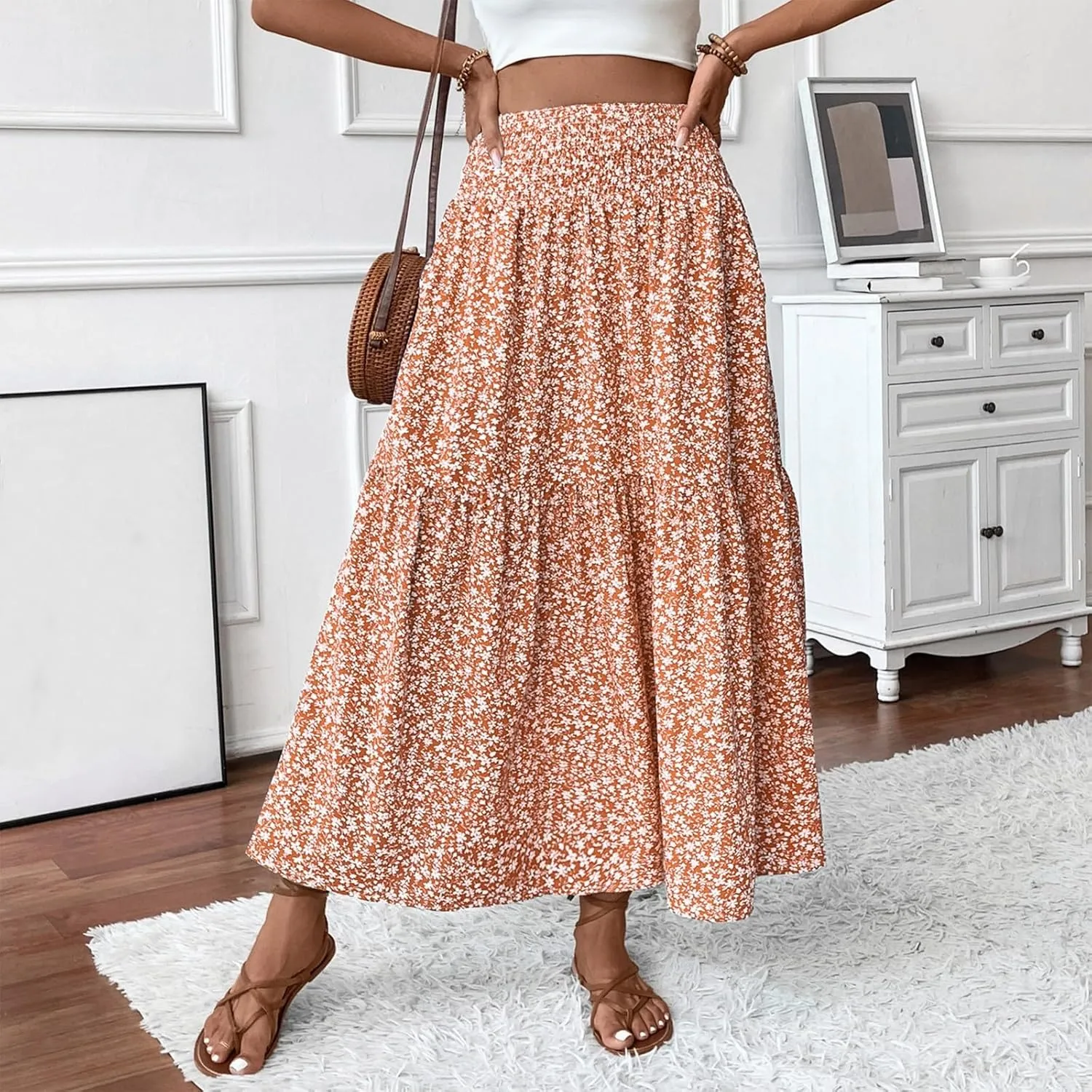 Women's Floral Midi Skirt with Pockets High Elastic Waist Flowy Ruffle Casual Summer Boho Aline Skirts