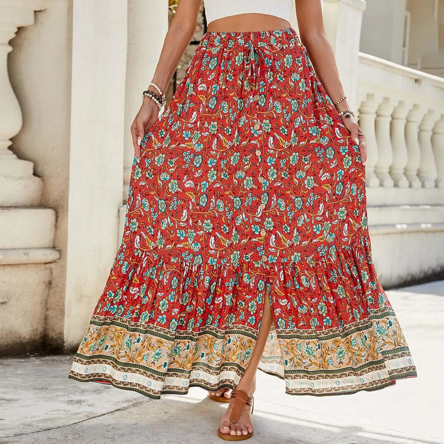Women's Floral Print Midi Maxi Skirts 2025 Summer Casual Aline Beach Skorts Elastic High Waist Pleated Flowy Long Skirt