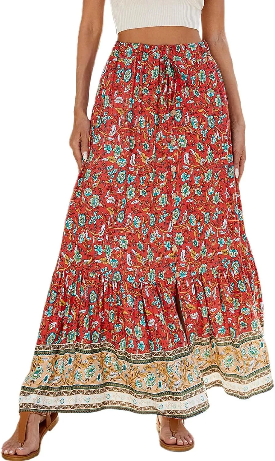 Women's Floral Print Midi Maxi Skirts 2025 Summer Casual Aline Beach Skorts Elastic High Waist Pleated Flowy Long Skirt