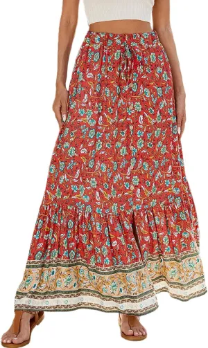Women's Floral Print Midi Maxi Skirts 2025 Summer Casual Aline Beach Skorts Elastic High Waist Pleated Flowy Long Skirt