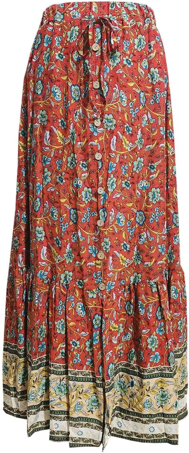 Women's Floral Print Midi Maxi Skirts 2025 Summer Casual Aline Beach Skorts Elastic High Waist Pleated Flowy Long Skirt