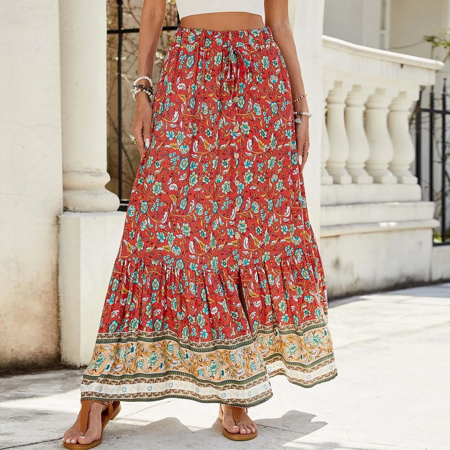Women's Floral Print Midi Maxi Skirts 2025 Summer Casual Aline Beach Skorts Elastic High Waist Pleated Flowy Long Skirt