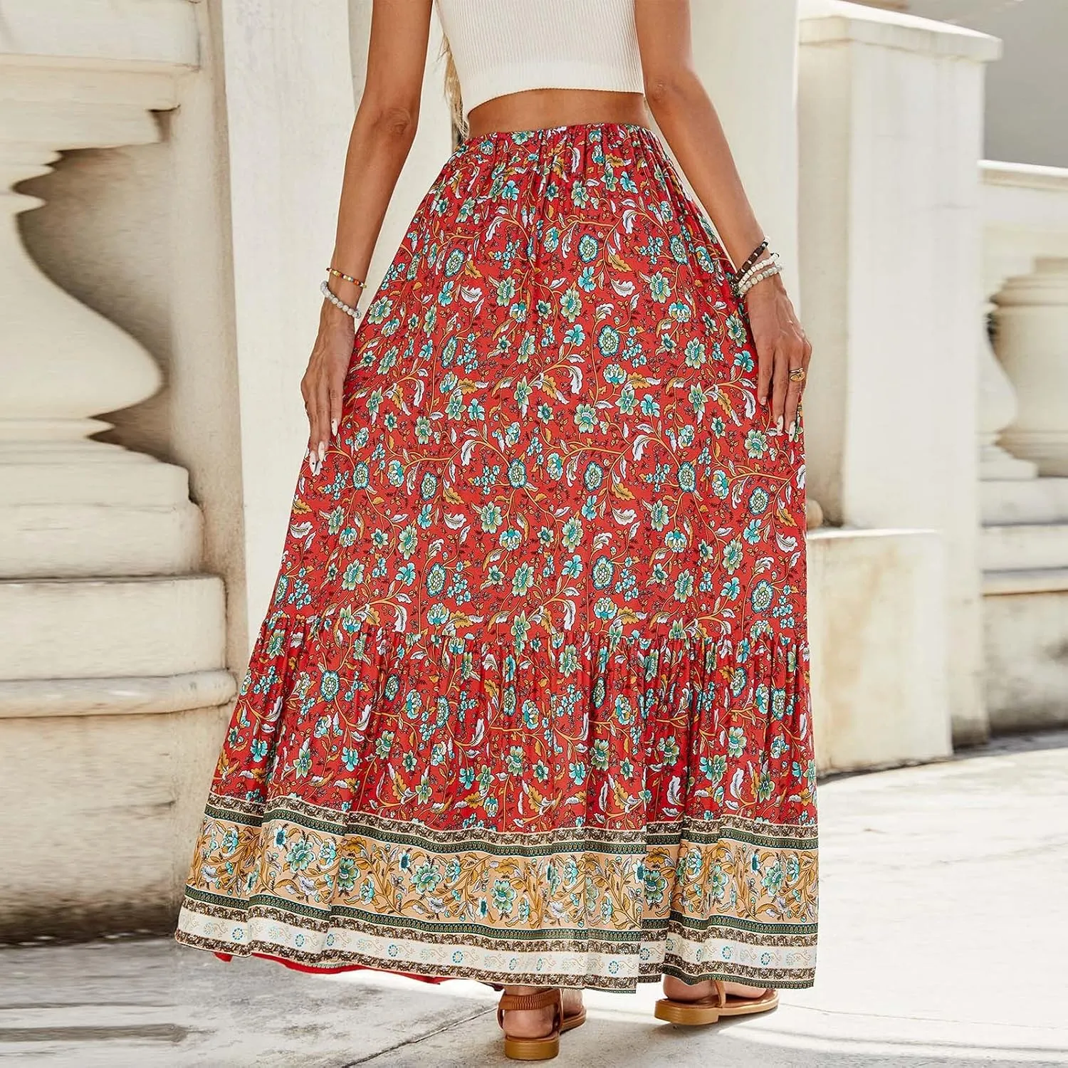 Women's Floral Print Midi Maxi Skirts 2025 Summer Casual Aline Beach Skorts Elastic High Waist Pleated Flowy Long Skirt