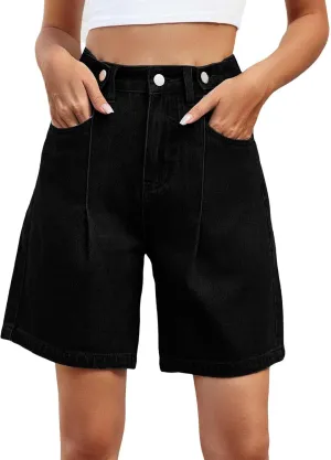 Womens High Waisted Jean Shorts Long Jean Shorts Summer Casual Button Down Baggy Denim Shorts with Pockets