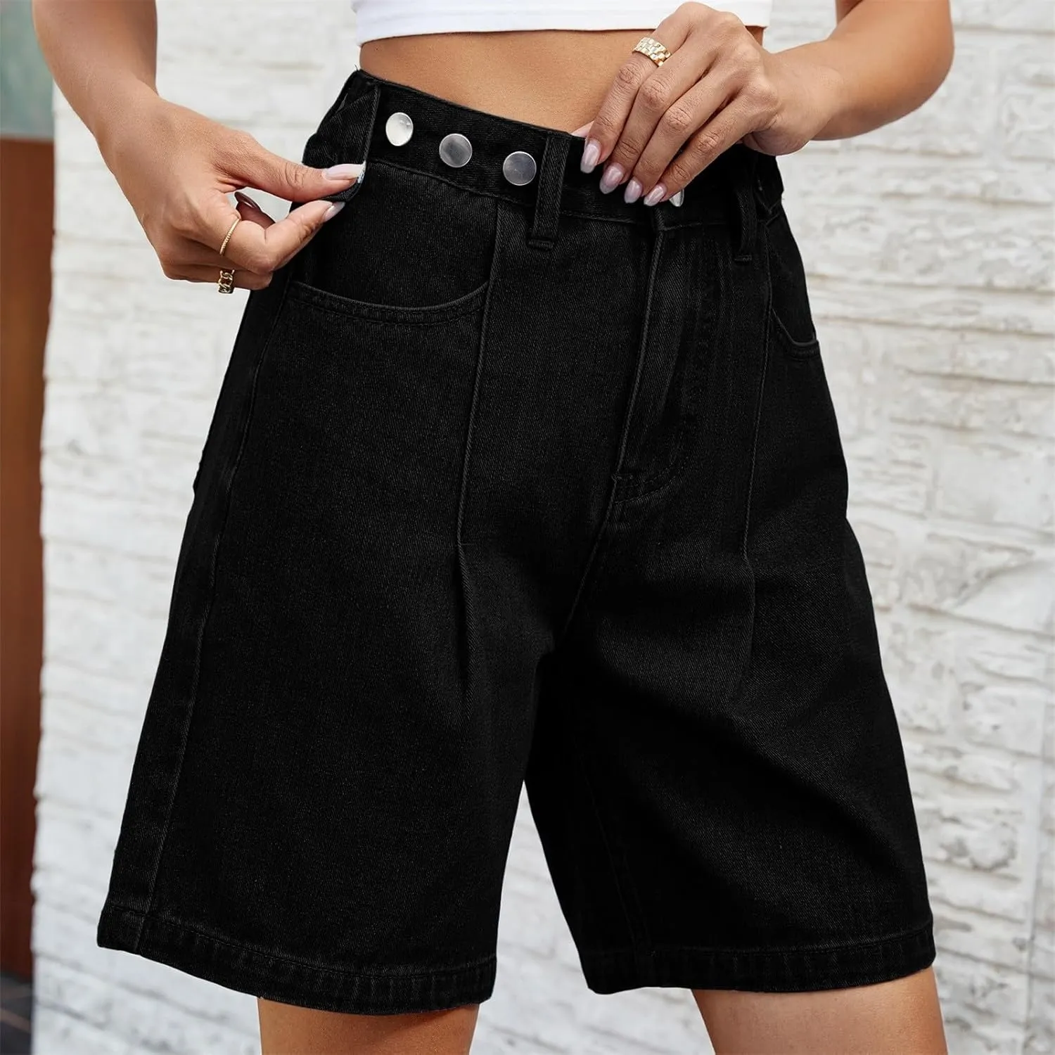 Womens High Waisted Jean Shorts Long Jean Shorts Summer Casual Button Down Baggy Denim Shorts with Pockets