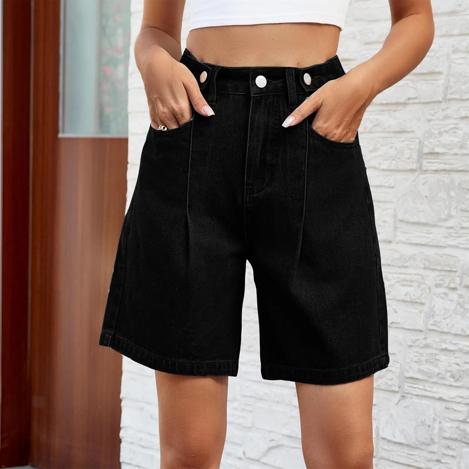 Womens High Waisted Jean Shorts Long Jean Shorts Summer Casual Button Down Baggy Denim Shorts with Pockets