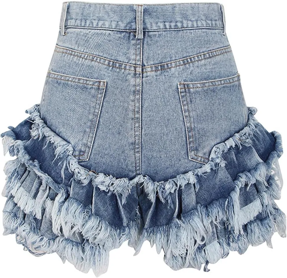Women's High Waisted Jean Shorts Stretch Tassel Raw Edge Hem Denim Shorts