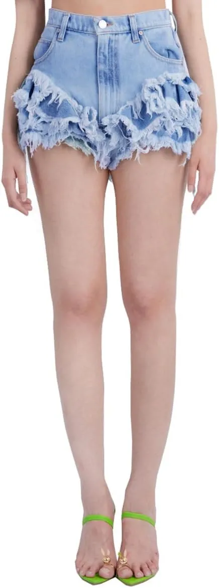 Women's High Waisted Jean Shorts Stretch Tassel Raw Edge Hem Denim Shorts