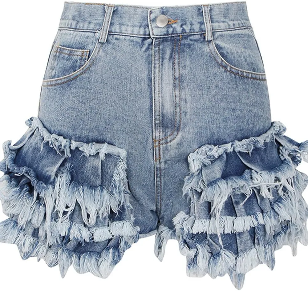 Women's High Waisted Jean Shorts Stretch Tassel Raw Edge Hem Denim Shorts