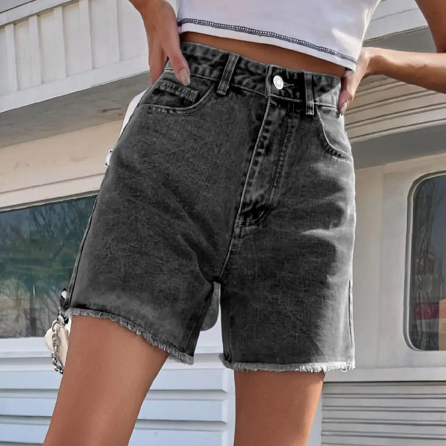 Women's Jean Shorts 2025 Trendy Stretchy High Waisted Denim Shorts Summer Comfy Loose Mid Length Shorts with Pocket