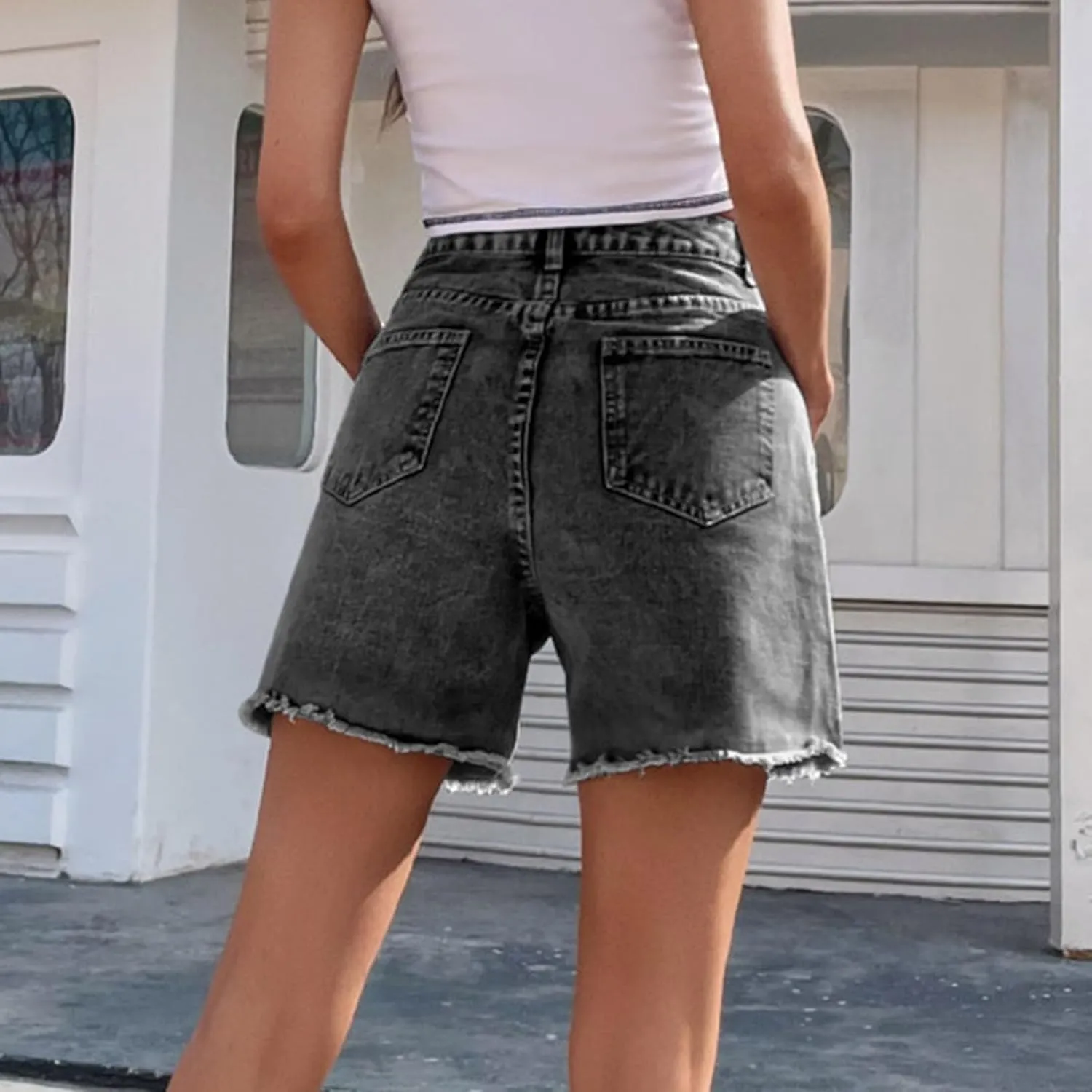 Women's Jean Shorts 2025 Trendy Stretchy High Waisted Denim Shorts Summer Comfy Loose Mid Length Shorts with Pocket