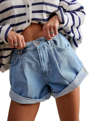 Womens Jean Shorts, Stretchy Denim Shorts with Pockets Elastic Waisted Relaxed Fit