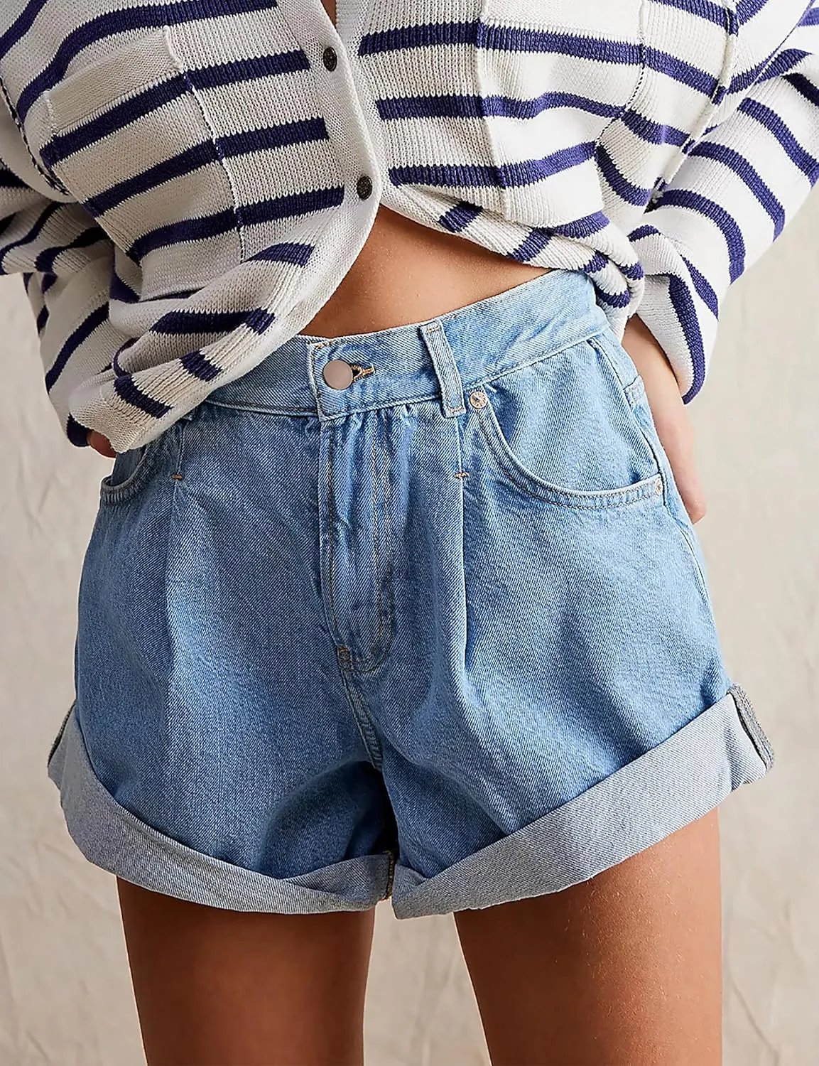 Womens Jean Shorts, Stretchy Denim Shorts with Pockets Elastic Waisted Relaxed Fit