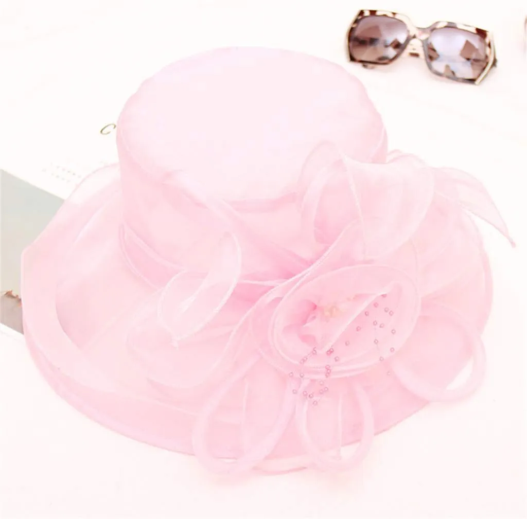Women's Kentucky Church Derby Hat Organza Bowknot Fascinator Wedding Tea Party Hats Leaf Flower Wide Brim Sun Hat