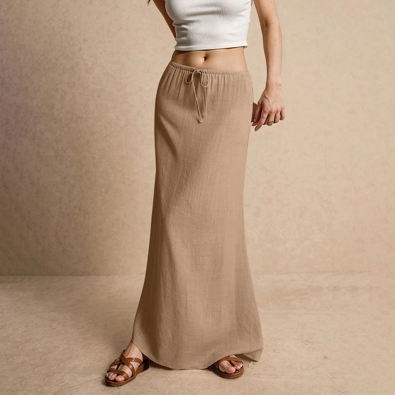 Womens Linen Maxi A-line Long Summer Skirt Elastic High Waist Flowy Skirt