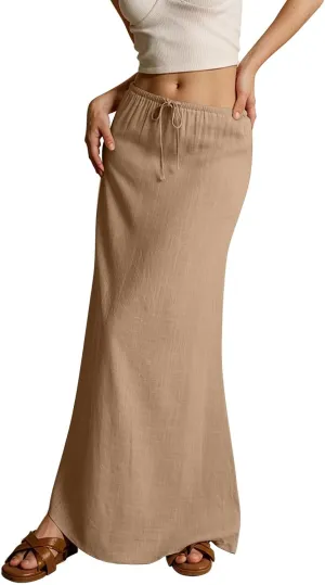 Womens Linen Maxi A-line Long Summer Skirt Elastic High Waist Flowy Skirt