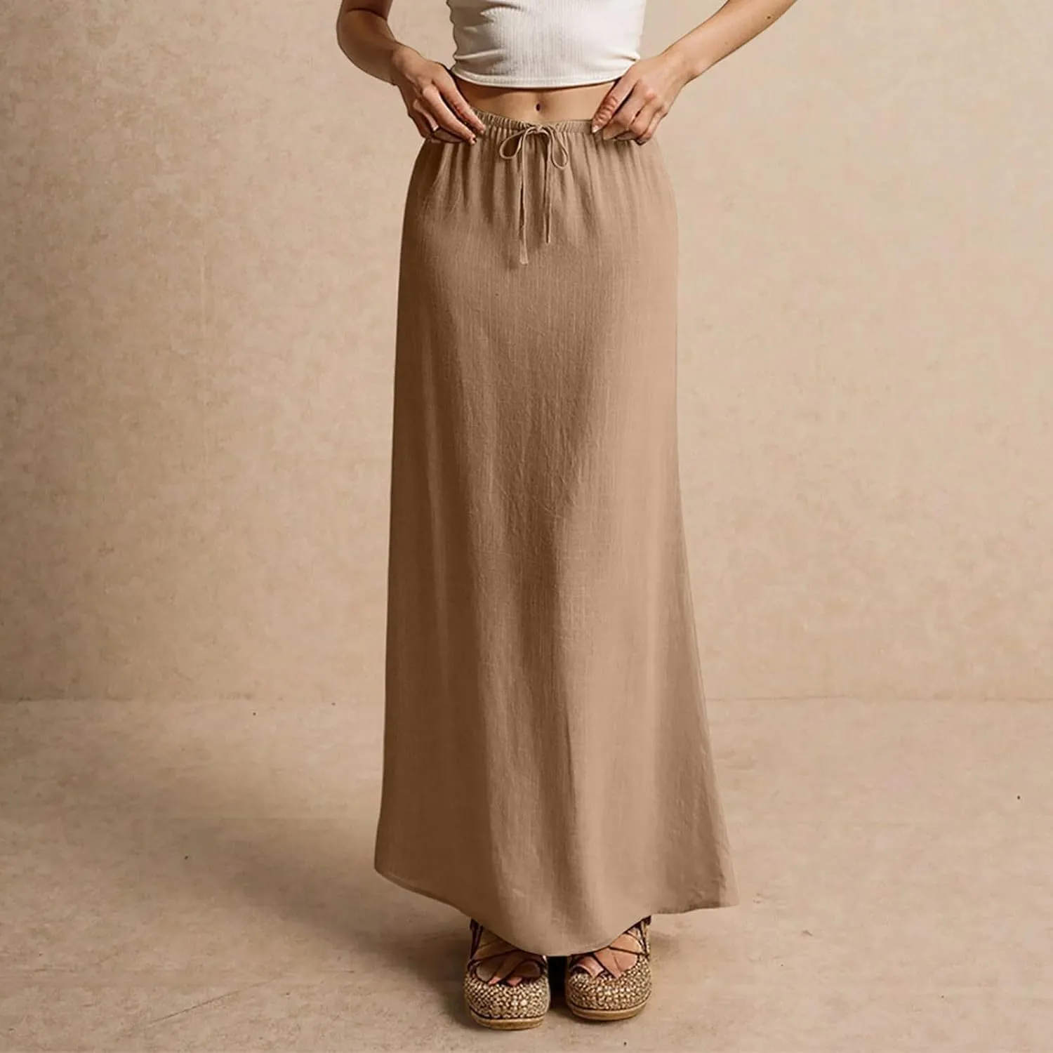 Womens Linen Maxi A-line Long Summer Skirt Elastic High Waist Flowy Skirt