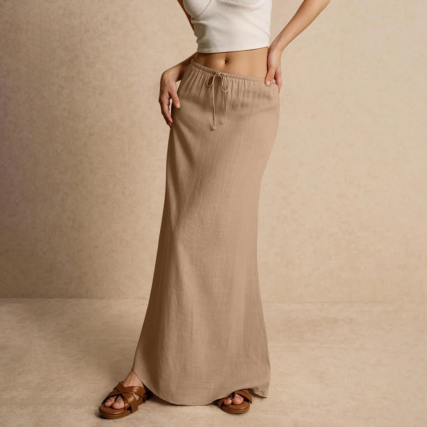 Womens Linen Maxi A-line Long Summer Skirt Elastic High Waist Flowy Skirt