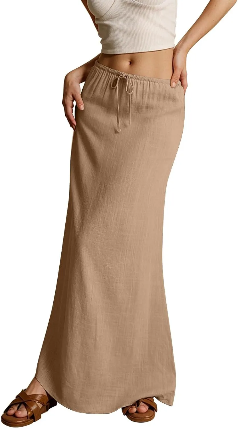 Womens Linen Maxi A-line Long Summer Skirt Elastic High Waist Flowy Skirt