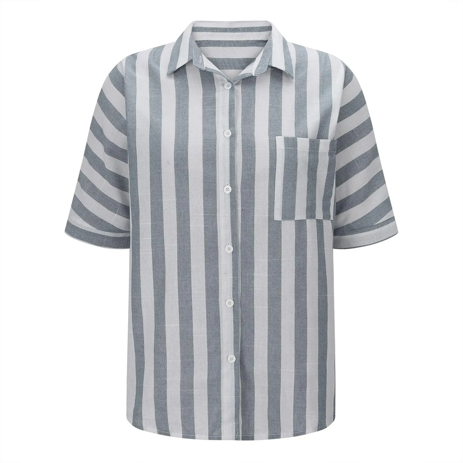 Womens Linen Short Sleeve Shirts Casual Collared Button Down T Shirts Casual Fashion Striped Print Summer Blouse Tops