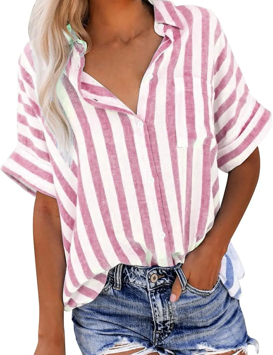 Womens Linen Short Sleeve Shirts Casual Collared Button Down T Shirts Casual Fashion Striped Print Summer Blouse Tops
