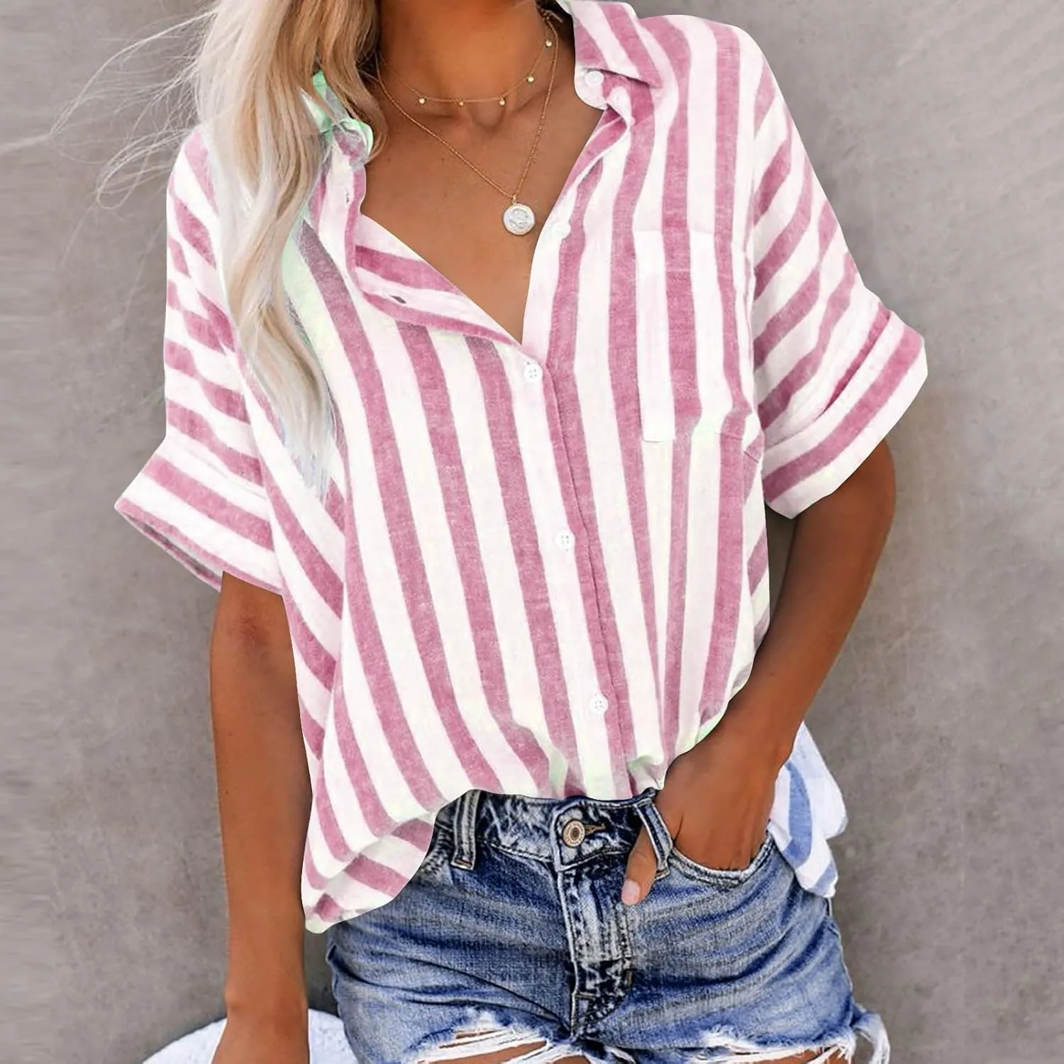 Womens Linen Short Sleeve Shirts Casual Collared Button Down T Shirts Casual Fashion Striped Print Summer Blouse Tops