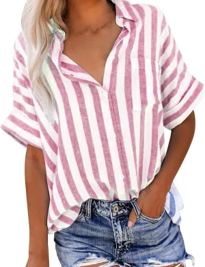 Womens Linen Short Sleeve Shirts Casual Collared Button Down T Shirts Casual Fashion Striped Print Summer Blouse Tops