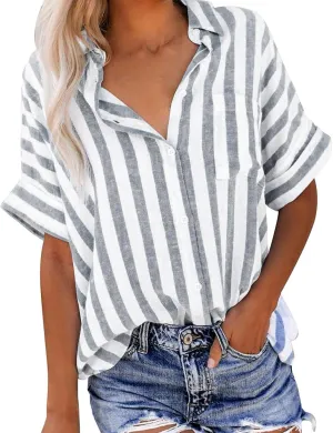 Womens Linen Short Sleeve Shirts Casual Collared Button Down T Shirts Casual Fashion Striped Print Summer Blouse Tops