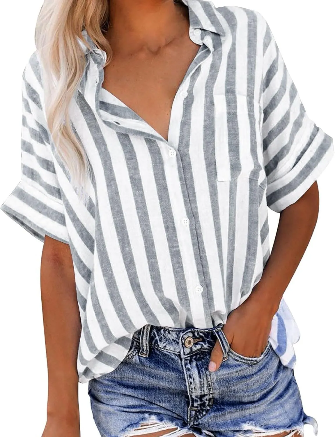 Womens Linen Short Sleeve Shirts Casual Collared Button Down T Shirts Casual Fashion Striped Print Summer Blouse Tops