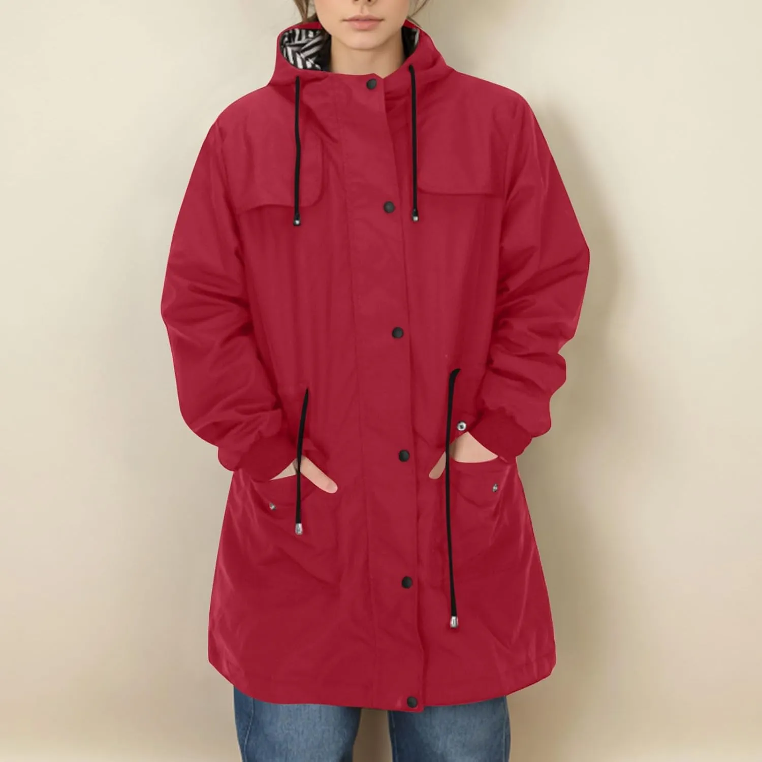 Women's Long Raincoat Waterproof Trench Coats Hooded Windbreaker Zip Up Utility Jackets Winter/Fall Outwear Hoodies