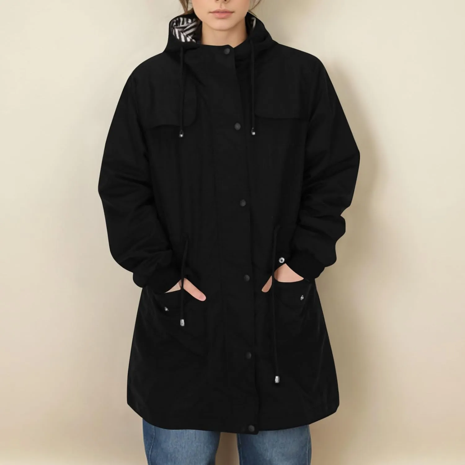 Women's Long Raincoat Waterproof Trench Coats Hooded Windbreaker Zip Up Utility Jackets Winter/Fall Outwear Hoodies