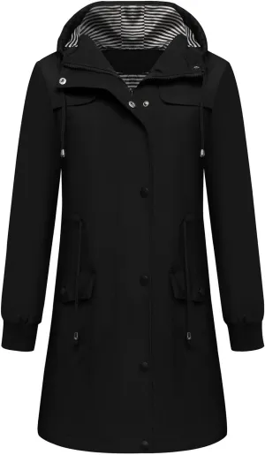 Women's Long Raincoat Waterproof Trench Coats Hooded Windbreaker Zip Up Utility Jackets Winter/Fall Outwear Hoodies