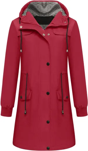 Women's Long Raincoat Waterproof Trench Coats Hooded Windbreaker Zip Up Utility Jackets Winter/Fall Outwear Hoodies