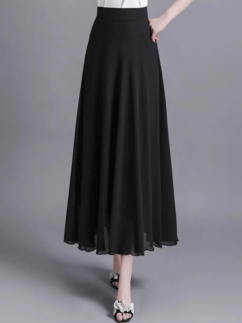 Women's Long Skirt Black Chiffon Summer Mesh Flare Long A Line Skirts for Women