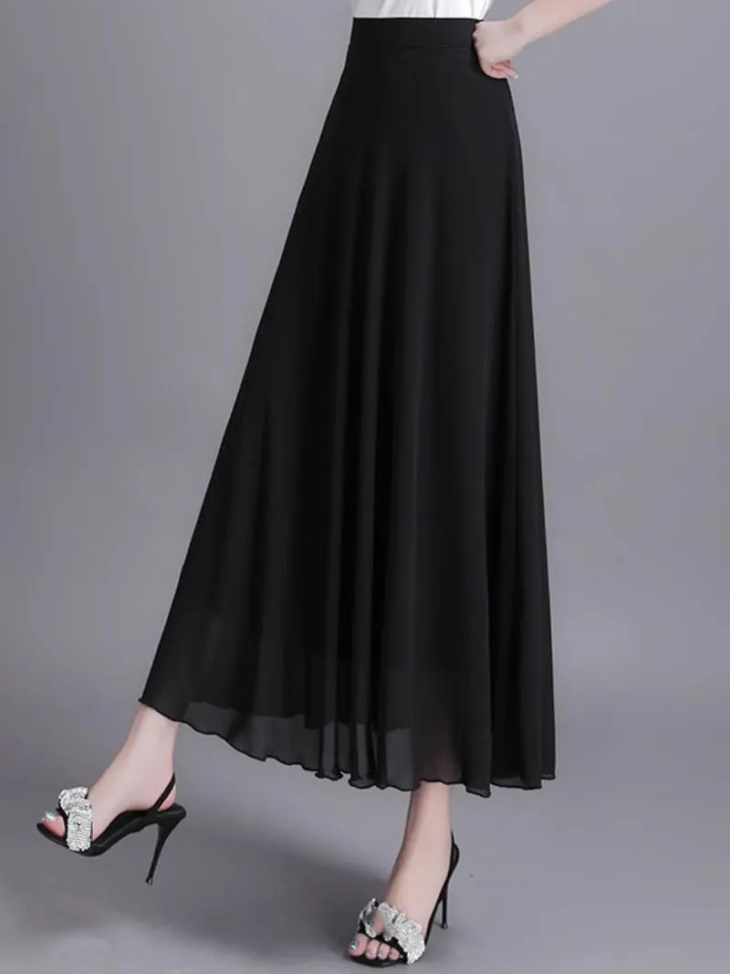 Women's Long Skirt Black Chiffon Summer Mesh Flare Long A Line Skirts for Women