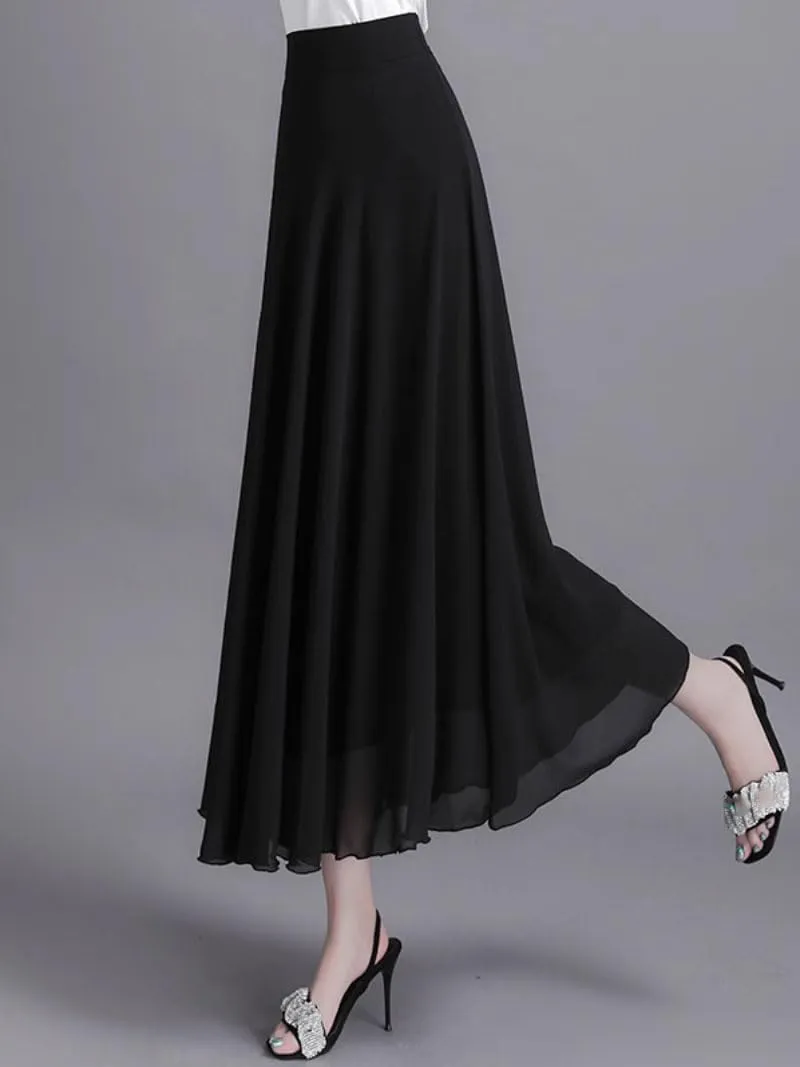 Women's Long Skirt Black Chiffon Summer Mesh Flare Long A Line Skirts for Women
