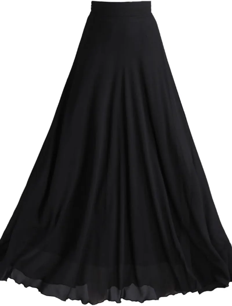 Women's Long Skirt Black Chiffon Summer Mesh Flare Long A Line Skirts for Women