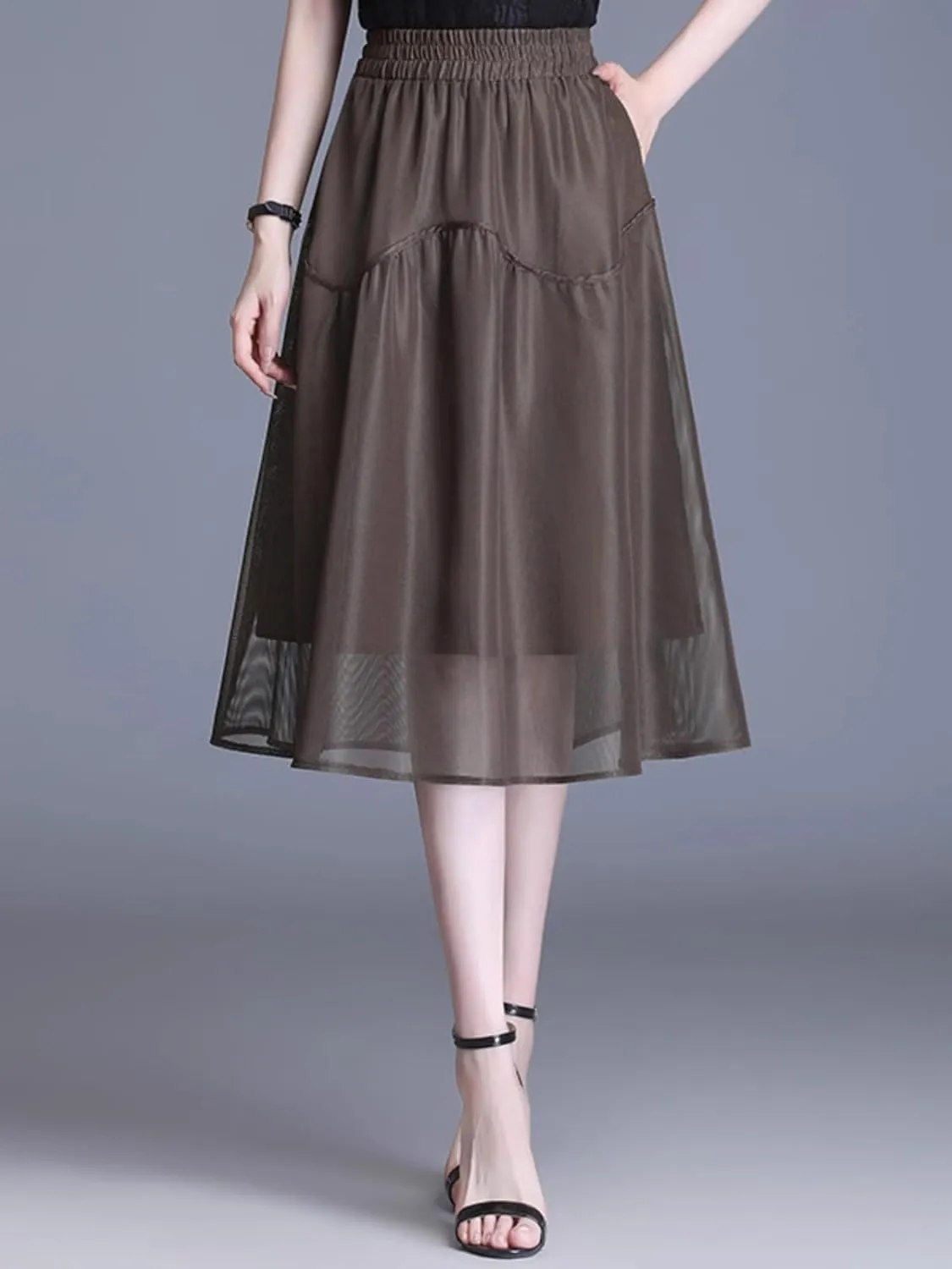 Women's Long Skirt High-Waist Mid-Length Mesh Summer A Line Skirts for Women