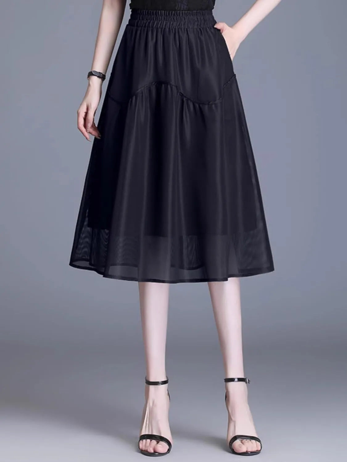 Women's Long Skirt High-Waist Mid-Length Mesh Summer A Line Skirts for Women