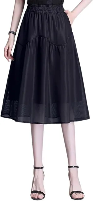 Women's Long Skirt High-Waist Mid-Length Mesh Summer A Line Skirts for Women
