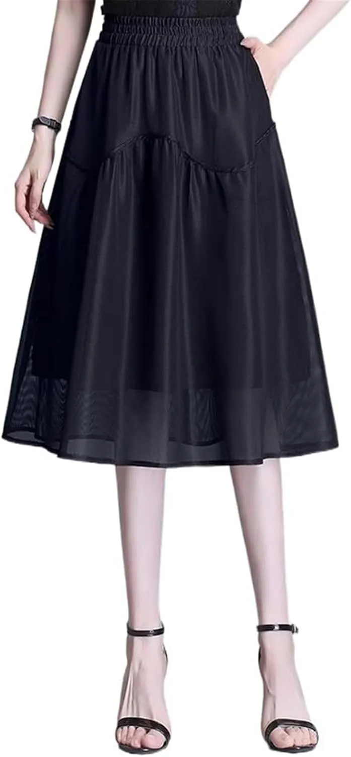 Women's Long Skirt High-Waist Mid-Length Mesh Summer A Line Skirts for Women