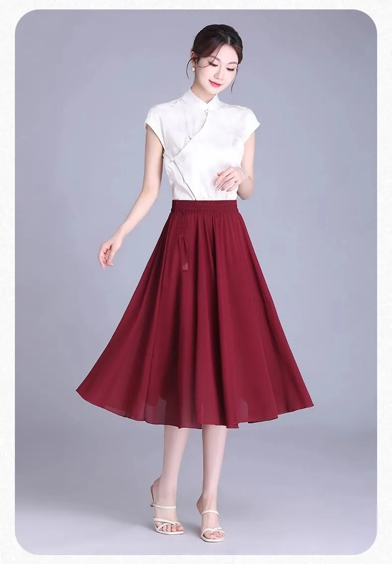 Women's Long Skirt Summer Chiffon Mid-Length High-Waist A Line Skirts for Women