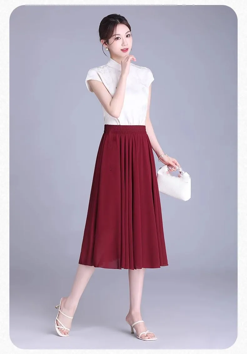 Women's Long Skirt Summer Chiffon Mid-Length High-Waist A Line Skirts for Women