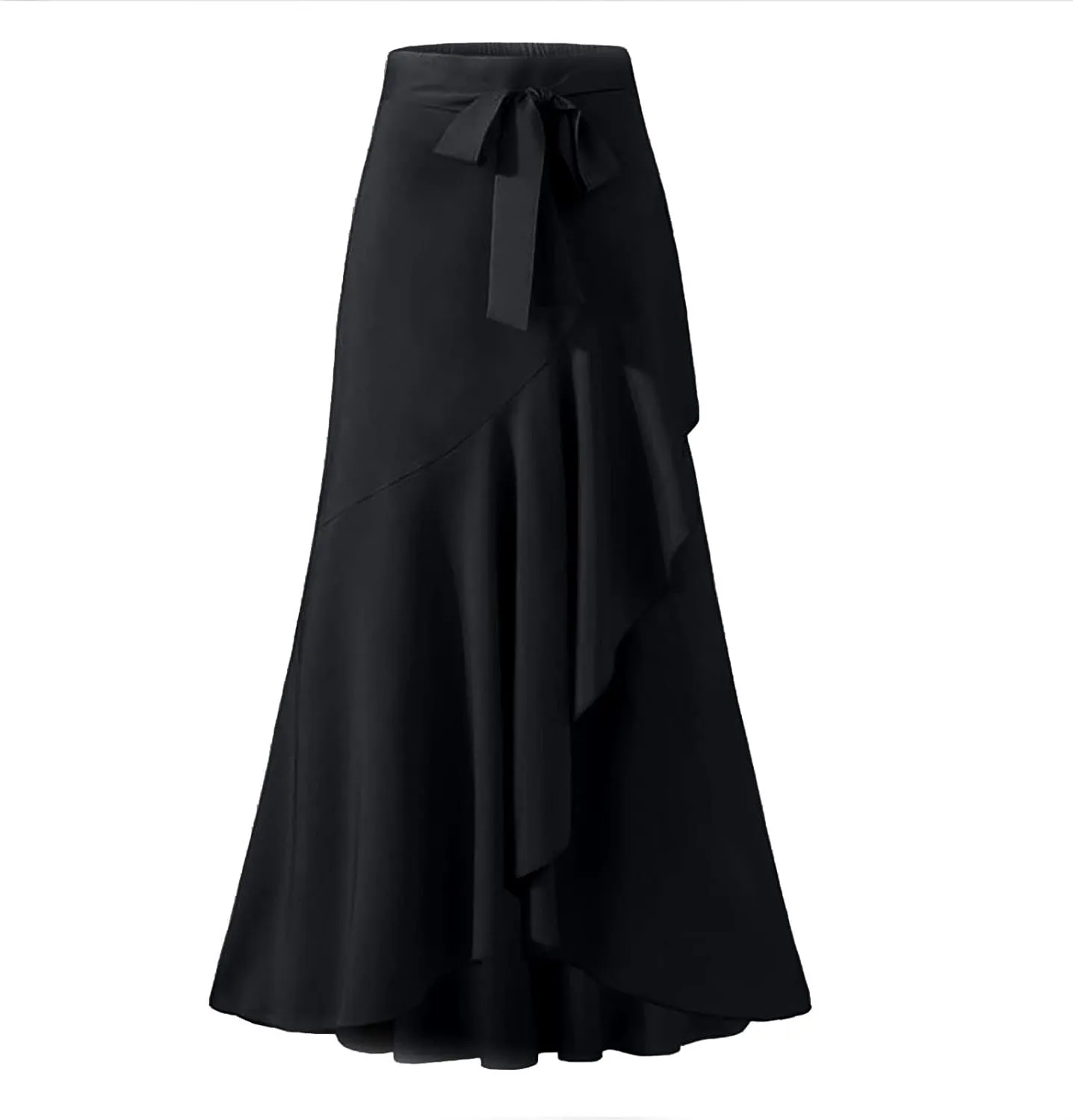 Women's Long Skirts Solid Color Elegant Bow Belt Flowy Culottes High Waist Swing Irregular Ruffles Maxi Skirt 2024