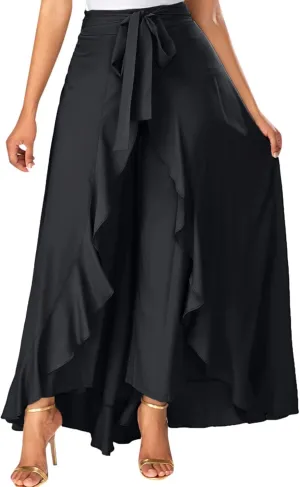 Women's Long Skirts Solid Color Elegant Bow Belt Flowy Culottes High Waist Swing Irregular Ruffles Maxi Skirt 2024