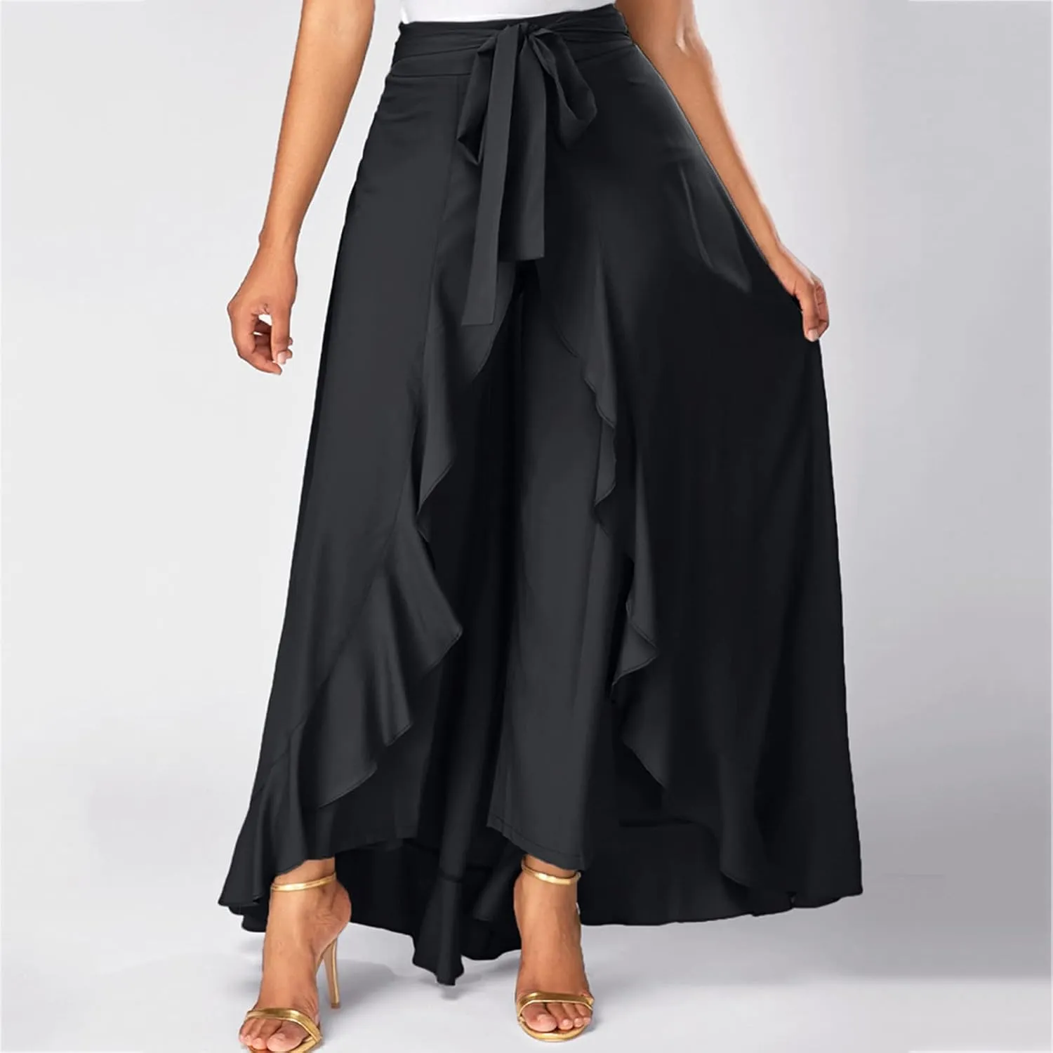 Women's Long Skirts Solid Color Elegant Bow Belt Flowy Culottes High Waist Swing Irregular Ruffles Maxi Skirt 2024