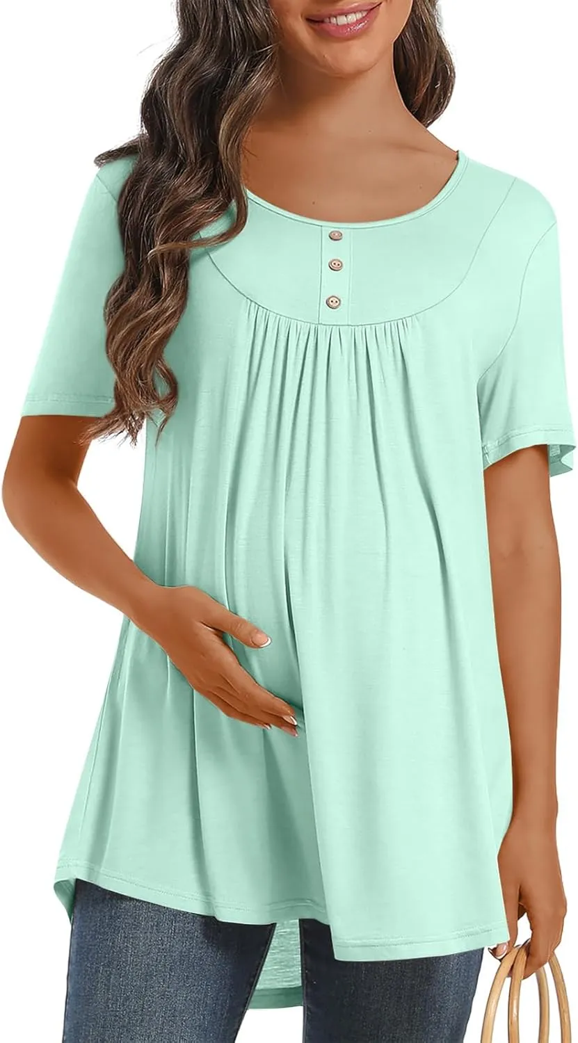 Womens Maternity Summer Casual T Shirts Loose Buttons Pregnancy Tunic Shirts for Leggings
