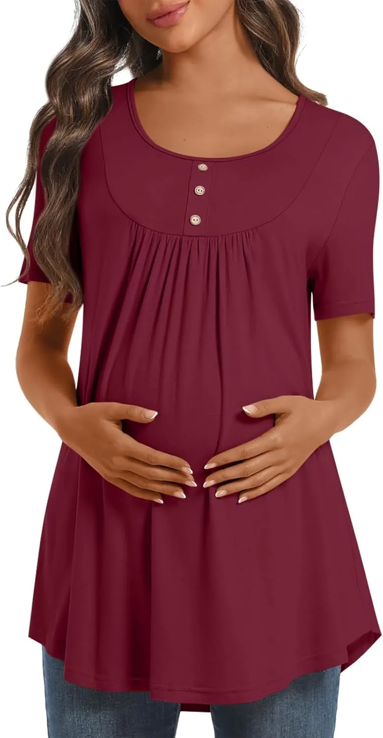 Womens Maternity Summer Casual T Shirts Loose Buttons Pregnancy Tunic Shirts for Leggings