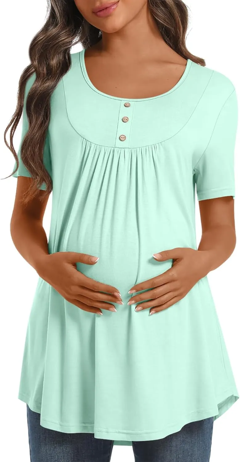 Womens Maternity Summer Casual T Shirts Loose Buttons Pregnancy Tunic Shirts for Leggings